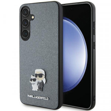 Оригинален твърд гръб KARL LAGERFELD Saffiano Karl & Choupette Metal Pin KLHCS24SPSAKCMPG - Samsung Galaxy S24 hardcase сив