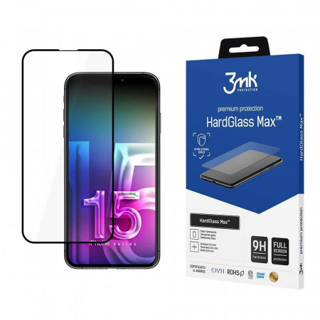 Стъклен протектор с пълно покритие 3mk Hard Glass Max - iPhone 15 Pro с черна рамка