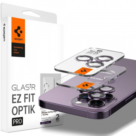2 бр. протектор за камера SPIGEN Optik.Tr Ez Fit - iPhone 14 Pro / 14 Pro Max с лилава рамка