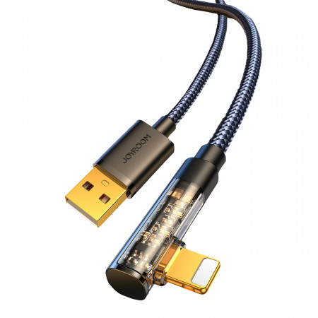 90° кабел за зареждане и данни с оплетка JOYROOM USB Type A към Lightning с бързо зареждане 2.4A 1.2m черен (S-UL012A6)