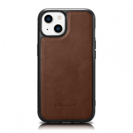 Гръб от естествена кожа рамка iCARER Leather Oil Wax MagSafe - iPhone 14 кафяв
