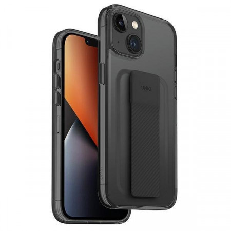 Гръб с лентов държач и каишка UNIQ Heldro с антимикробно покритие - iPhone 14 черен дим