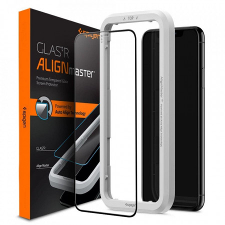 Закален стъклен протектор SPIGEN Align Master FC с инструмент за поставяне - iPhone 11 / XR с черна рамка