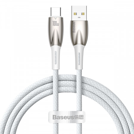 Кабел за зареждане и данни BASEUS Glimmer USB Type A към USB Type C с бързо зареждане 100W 480Mb/s 1m бял