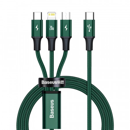 Кабел за зареждане и данни BASEUS Rapid 3in1 USB Type C към USB Type C / Lightning / micro USB 20W 1.5m зелен (CAMLT-SC06)