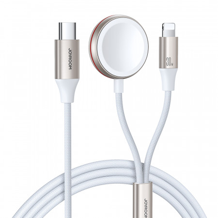 Кабел за зареждане и данни JOYROOM 2in1 USB Type C към Lightning / безжично зарядно за Apple Watch 1.5m бял (S-IW011)