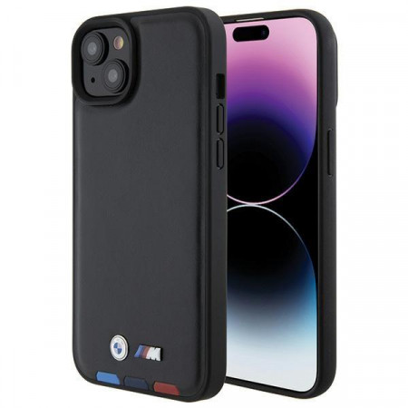 Оригинален гръб от естествена кожа BMW Leather Stamp Tricolor BMHCP15M22PTDK - iPhone 15 Plus черен