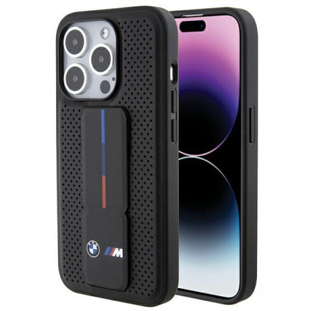 Оригинален гръб BMW Grip Stand Smooth & Perforated - iPhone 15 Pro Max черен