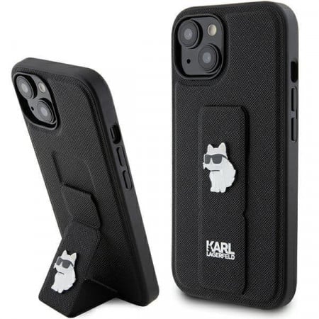 Оригинален гръб KARL LAGERFELD Gripstand Saffiano Choupette Pins - iPhone 15 Plus / 14 Plus черен