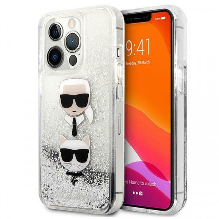 Оригинален твърд гръб KARL LAGERFELD Liquid Glitter Karl & Choupette Head KLHCP13XKICGLS - iPhone 13 Pro Max сребрист