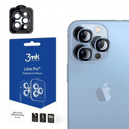 Стъклен протектор за камера с алуминиева рамка и рамка за поставяне 9H 3mk Lens Protection Pro - iPhone 13 Pro Max / 13 Pro син