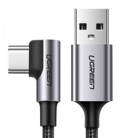 90° кабел за зареждане и данни с оплетка UGREEN USB Type A към USB Type C 3A 1m (50941) сив