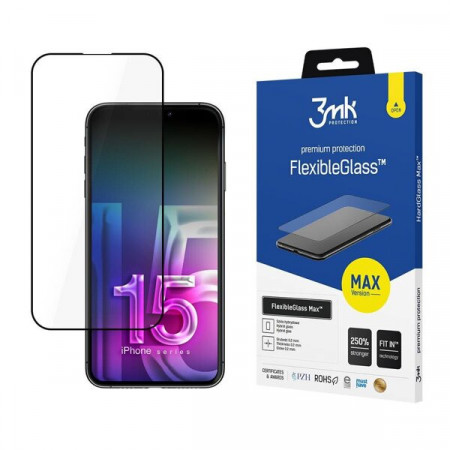 Гъвкав протектор с пълно покритие 3mk Flexible Glass Max - iPhone 15 Pro Max с черна рамка