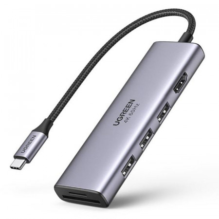 Докинг станция UGREEN USB Type C към 3x USB Type A 3.2 Gen.1 / HDMI 4K 60Hz / четец за SD и Micro SD карти (60383 CM511) сива
