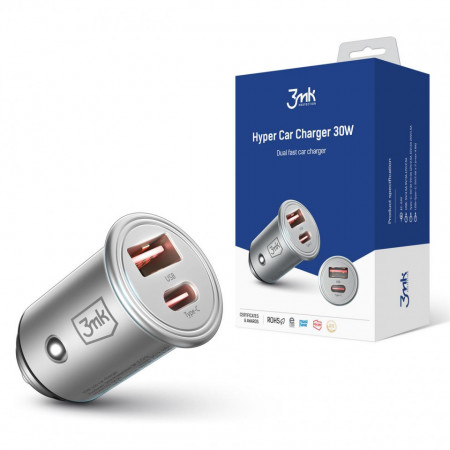 Зарядно за кола 3MK Hyper 30W USB Type A / USB Type C сребристо