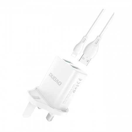Зарядно за стена (UK стандарт) DUDAO 2x USB Type A 2.4A + кабел USB Type A към Micro USB 1m бяло