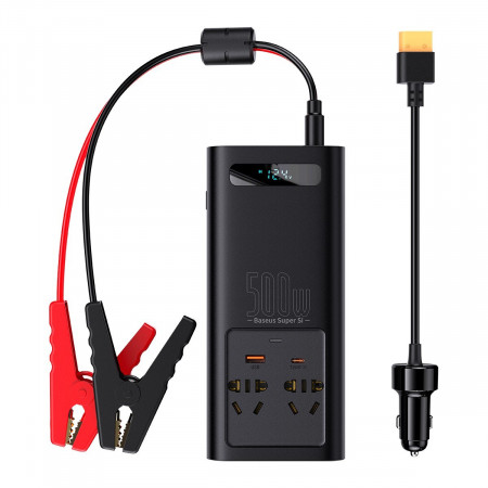 Инвертор за кола BASEUS 150W 12V / 500W 220V (CN / EU стандарт) (CGNB000101) черен