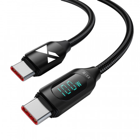 Кабел за зареждане и данни с дисплей и оплетка WOZINSKY USB Type C към USB Type C WUCCC1 Power Delivery 100W 1m черен