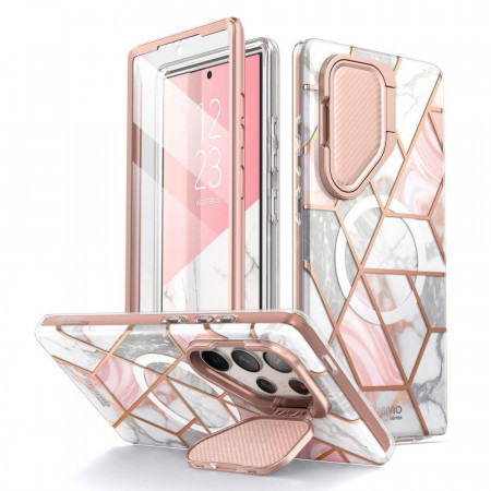 Калъф 360° със стойка и покритие за камерата SUPCASE Cosmo MagSafe - Samsung Galaxy S24 Ultra розов мрамор