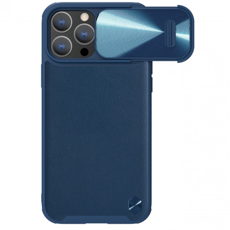 Кожен гръб с подвижно покритие за камерата NILLKIN CamShield Leather S - iPhone 14 Pro син