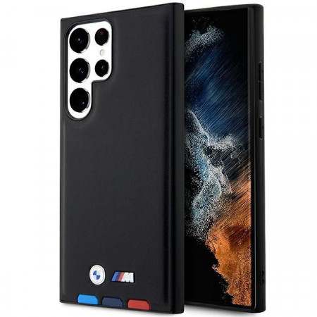Оригинален гръб от естествена кожа BMW Leather Stamp Tricolor BMHCS23L22PTDK - Samsung Galaxy S23 Ultra черен