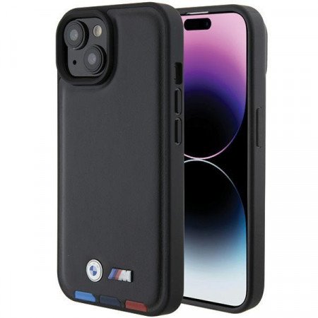 Оригинален гръб от естествена кожа BMW Leather Stamp Tricolor BMHCP15S22PTDK - iPhone 15 черен