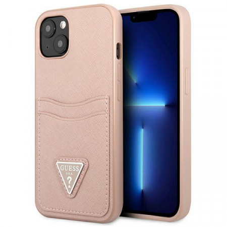 Оригинален гръб с джоб за карта GUESS SaffianoTriangle Logo Cardslot GUHCP13MPSATPP - iPhone 13 розов