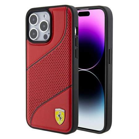 Оригинален гръб FERRARI Perforated Waves Metal Logo - iPhone 15 Pro червен