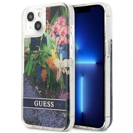 Оригинален гръб GUESS Flower Liquid Glitter GUHCP13SLFLSB - iPhone 13 mini син