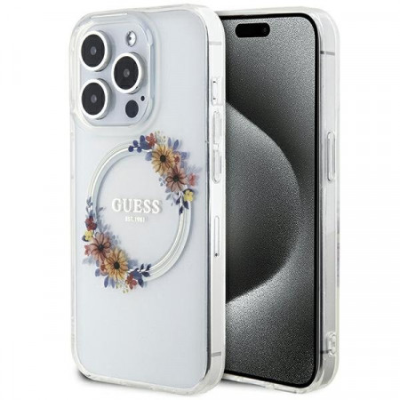 Оригинален гръб GUESS IML Flowers Wreatch MagSafe - iPhone 15 Pro прозрачен