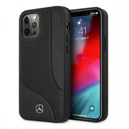Оригинален твърд гръб с естествена кожа MERCEDES Leather Perforated Area MEHCP12LCDOBK - iPhone 12 Pro Max черен