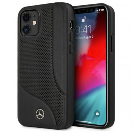 Оригинален твърд гръб с естествена кожа MERCEDES Leather Perforated Area MEHCP12SCDOBK - iPhone 12 mini черен