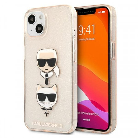 Оригинален твърд гръб KARL LAGERFELD Glitter Karl's & Choupette KLHCP13SKCTUGLGO - iPhone 13 mini златист