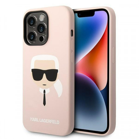 Оригинален твърд гръб KARL LAGERFELD Silicone Karl's Head KLHMP14LSLKHLP MagSafe - iPhone 14 Pro светлорозов