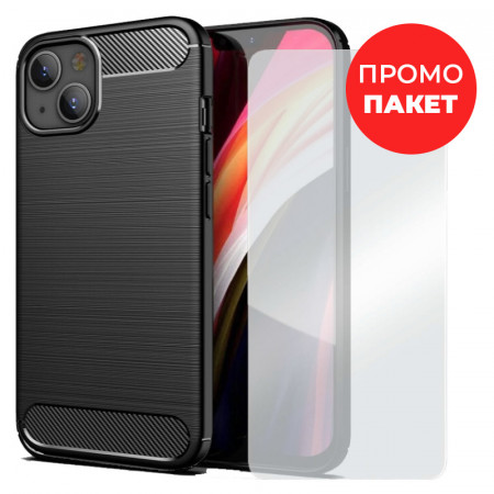 ПРОМО ПАКЕТ Силиконов гръб Carbon + плосък стъклен протектор - iPhone 13 mini