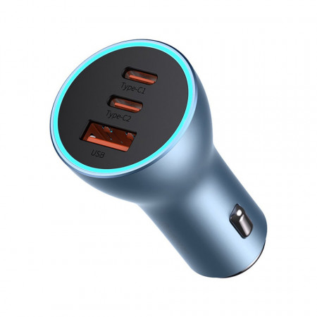 Baseus златен Contactor Pro USB-A зарядно за кола + 2x USB-C 65W син (CGJP010003)