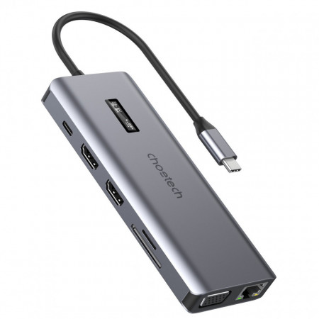 Choetech multifunctional HUB with display 12in1 USB-C to USB-C / USB-A / HDMI / VGA / AUX / SD / TF сив (HUB-M26)