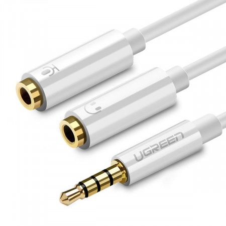 Аудио сплитер UGREEN жак 3.5mm (мъжко) към 2x жак 3.5mm (женско за слушалки) 0.2m бял (AV134)