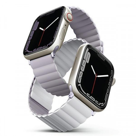 Двулицева магнитна каишка UNIQ Revix - Apple Watch Ultra 49mm / Ultra 2 49mm / 45mm Series 9 / 45mm Series 8 / 45mm Series 7 / 44mm SЕ (2nd gen) / 44mm SE / 44mm Series 6 / 44mm Series 5 / 44mm Series 4 / 42mm Series 3 / 42mm Series 2 люляк / бял