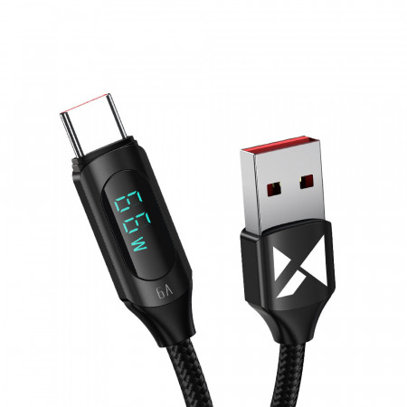 Кабел за зареждане и данни с дисплей и оплетка WOZINSKY WUACC2 USB A към USB Type C66W 6A 2m черен