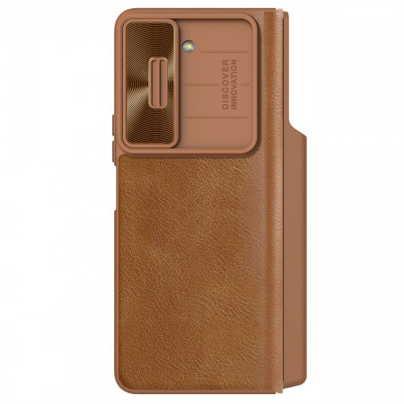 Калъф от еко кожа с подвижно покритие за камерата NILLKIN Qin Leather Pro - Samsung Galaxy Z Fold5 Leather Flip Case with Camera Cover кафяв