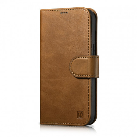 Калъф тип книга от естествена кожа iCARER Oil Wax Wallet 2в1 против кражба - iPhone 14 Pro кафяв