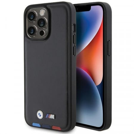 Оригинален гръб от естествена кожа BMW Leather Stamp Tricolor BMHCP15X22PTDK - iPhone 15 Pro Max черен
