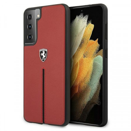 Оригинален гръб от естествена кожа FERRARI Off Track Leather Nylon Stripe FEOSIHCS21 5GSRE - Samsung Galaxy S21 5G червен