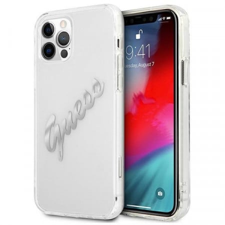 Оригинален гръб GUESS Vintage Script Silver GUHCP12MKTRSVSI - iPhone 12 / 12 Pro прозрачен