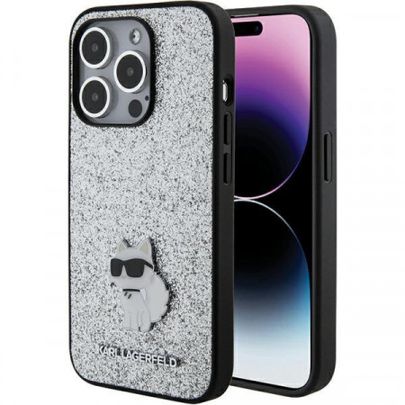 Оригинален гръб KARL LAGERFELD Fixed Glitter Choupette Logo Metal Pin - iPhone 15 Pro Max сребрист