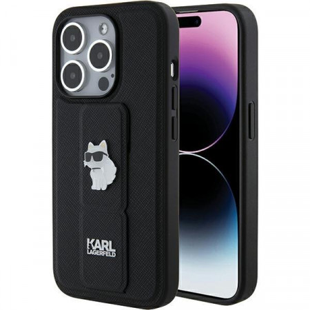 Оригинален гръб KARL LAGERFELD Gripstand Saffiano Choupette Pins - iPhone 15 Pro Max черен