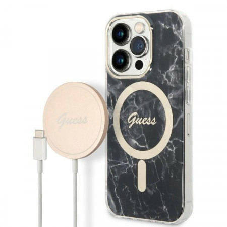 Оригинален комплект GUESS Marble (гръб + зарядно) MagSafe GUBPP14LHMEACSK - iPhone 14 Pro черен