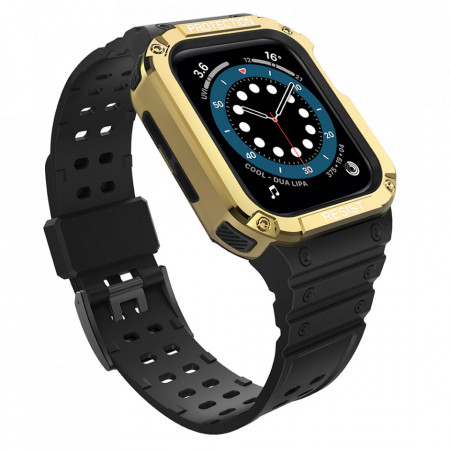 Подсилен калъф за корпус с каишка Protect - Apple Watch 45mm Series 9 / 45mm Series 8 / 45mm Series 7 / 44mm SЕ (2nd gen) / 44mm SE / 44mm Series 6 / 44mm Series 5 / 44mm Series 4 / 42mm Series 3 / 42mm Series 2 черен / златист