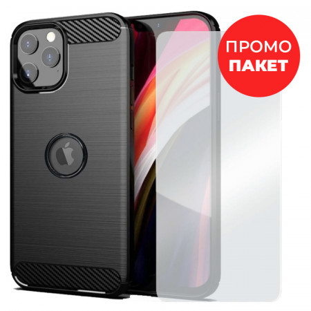 ПРОМО ПАКЕТ Силиконов гръб Carbon + плосък стъклен протектор - iPhone 12 Pro Max